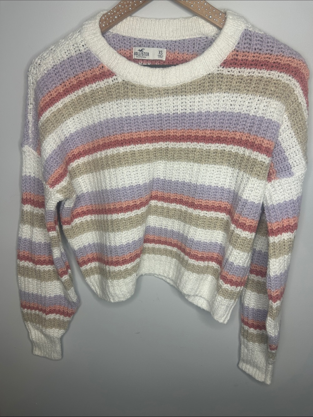Hollister Striped Crewneck Sweater in Cream, Lavender & Pink